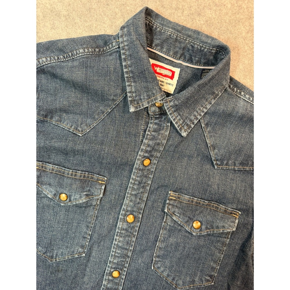 Wrangler Mens Blue‎ Denim Western Snap Shirt Small Pearl Snap Cowboy Long Slv